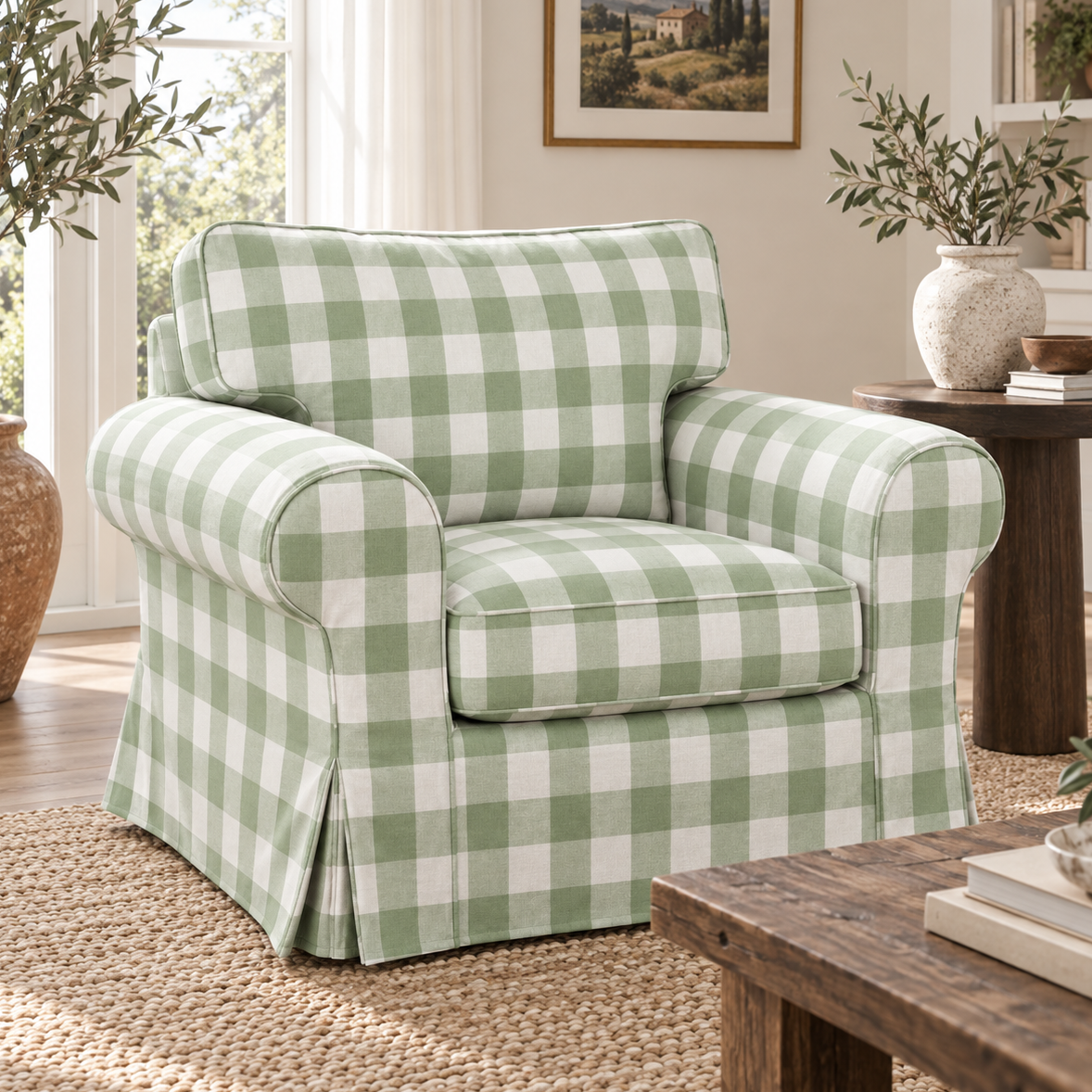 A slipcovered armchair with a green and white gingham check pattern, styled in a bright, modern living room setting.