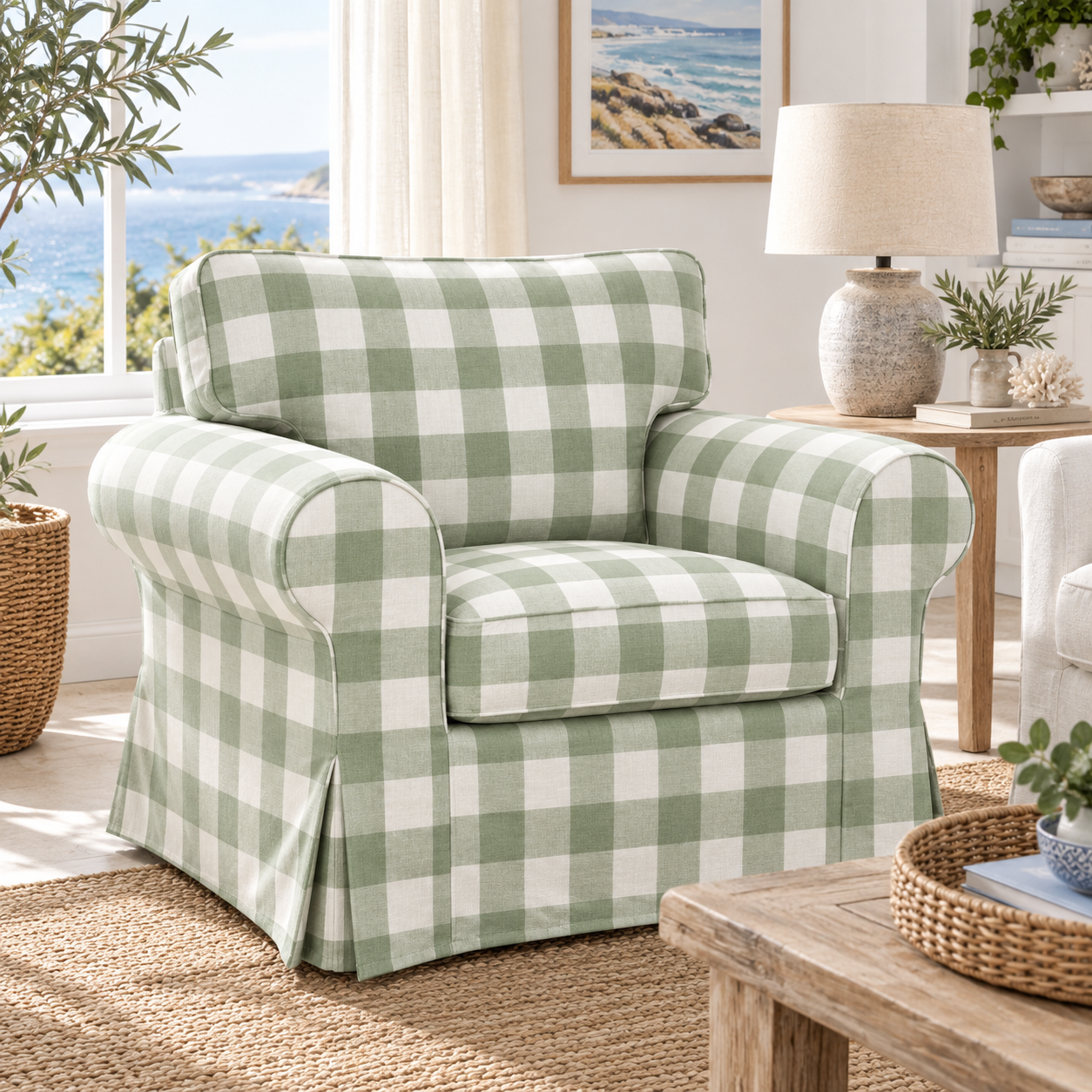 A slipcovered armchair with a green and white gingham check pattern, styled in a bright, coastal-themed living room.
