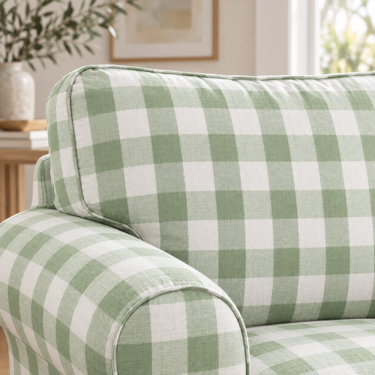 Green and white gingham checkered fabric on an armchair, shown in a softly lit interior setting with a blurred plant and framed wall art in the background.