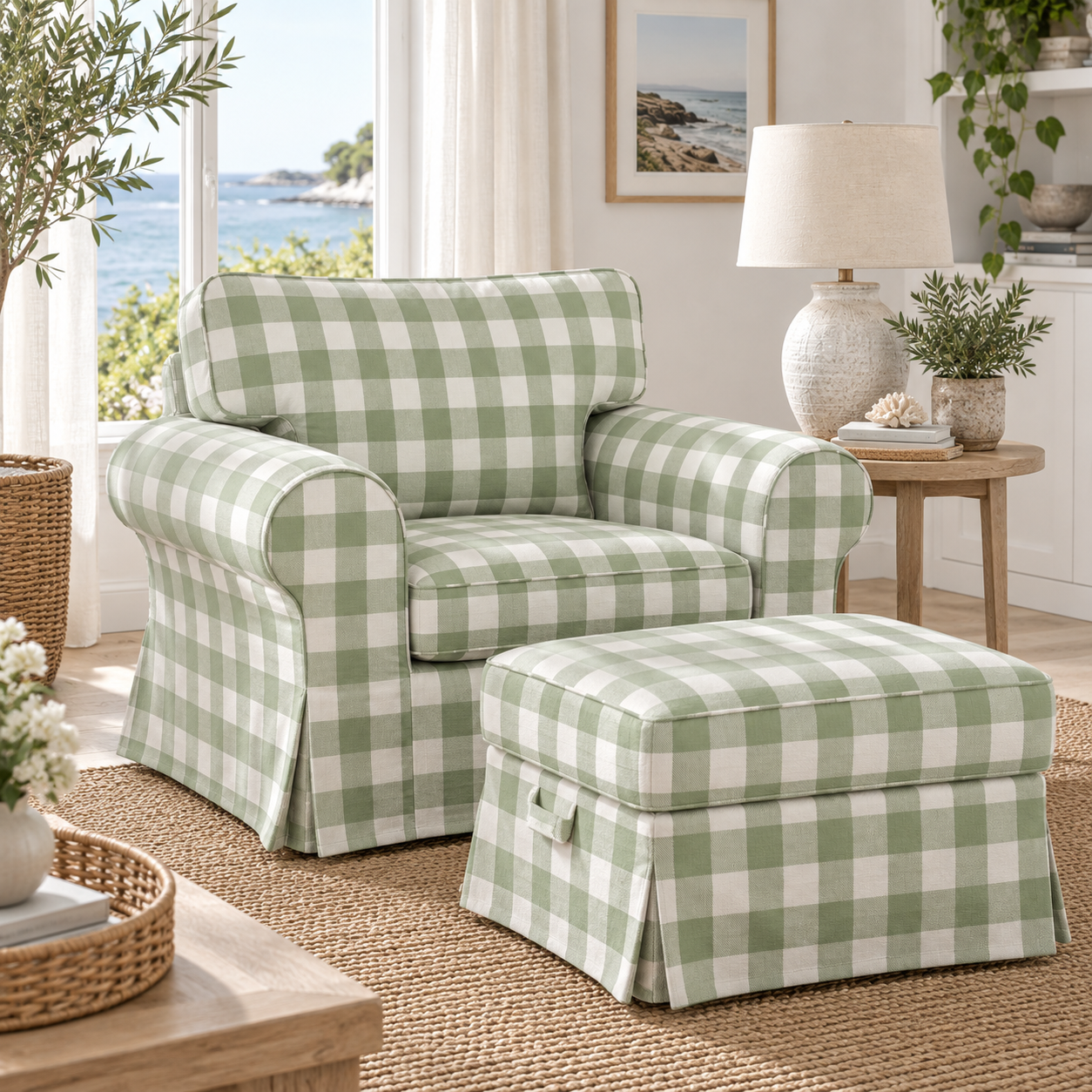 A green and white gingham slipcovered armchair with a matching ottoman in a bright, coastal-themed living room.