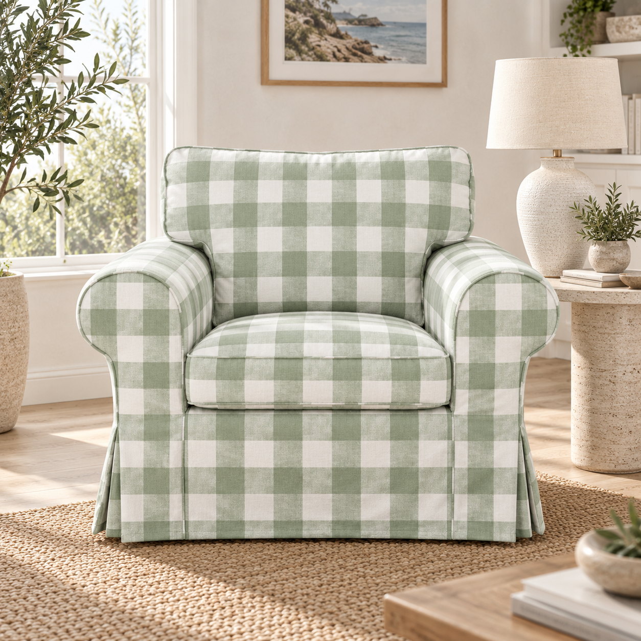 A slipcovered armchair with a green and white buffalo plaid pattern, set in a bright, modern living room with a lamp, side table, and window.