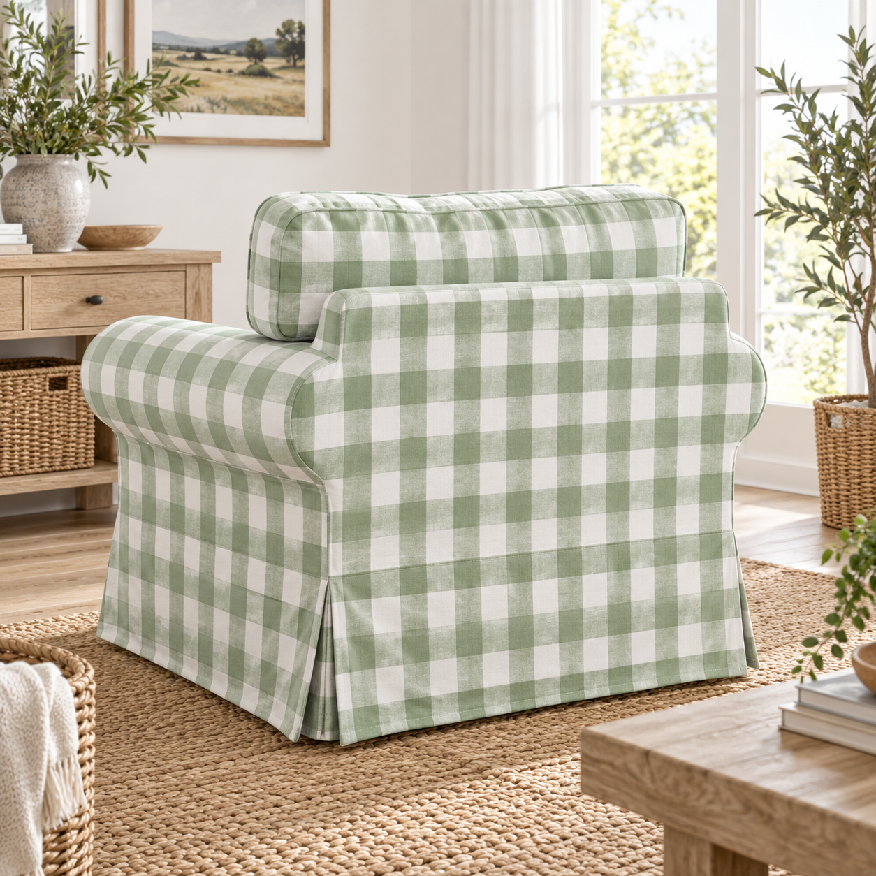 A slipcovered armchair with a green and white gingham check pattern, styled in a bright, rustic living room setting.