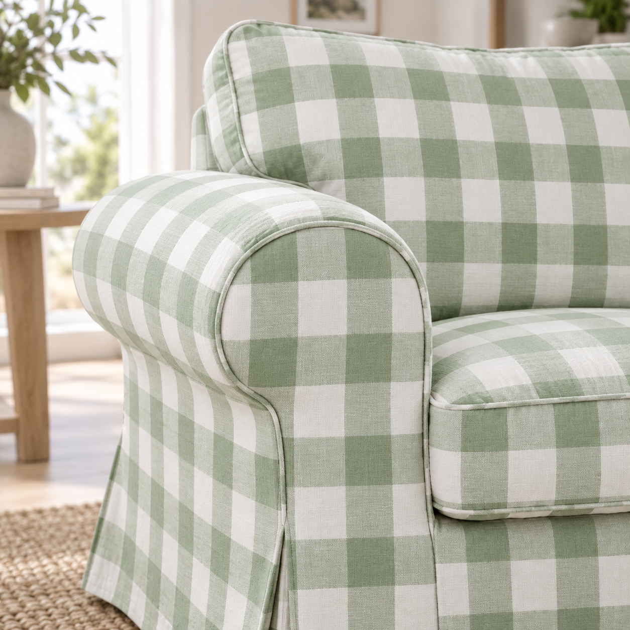A close-up of a slipcovered armchair with a green and white buffalo check pattern, set in a bright, modern living room.