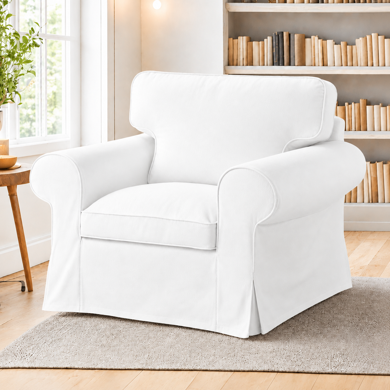 A white slipcovered armchair with rolled arms and a skirted base, shown in a bright living room setting with a window, bookshelves, and a rug.