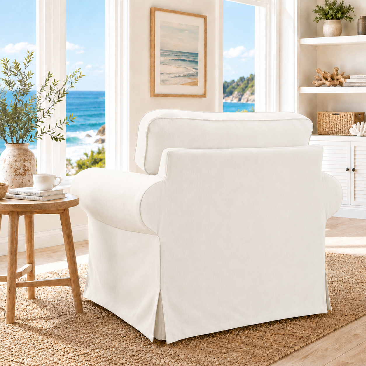 A white slipcovered armchair in a bright, coastal-style living room with large windows overlooking the ocean, a wooden side table, and shelving.
