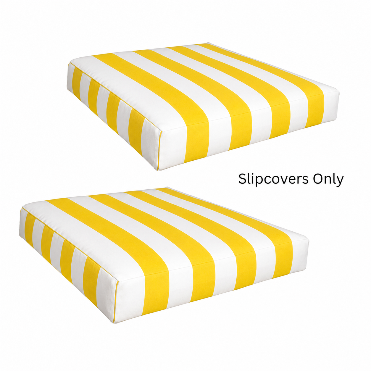 Two rectangular outdoor seat cushions with bold yellow and white vertical stripes, shown on a plain white background with the text 'Slipcovers Only' between them.