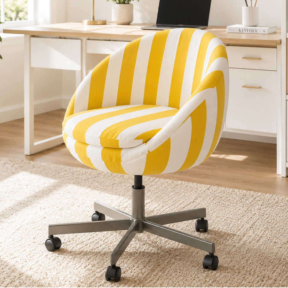 Yellow and white striped office chair in a home office setting with a desk and decor.