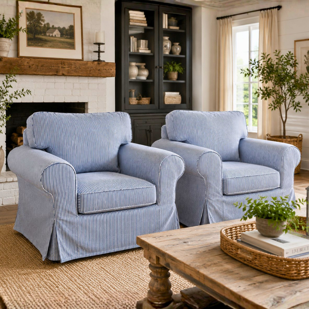 Ektorp Armchair Slipcover – Blue Ticking Stripe, Farmhouse Coastal Style, Compatible with IKEA Ektorp