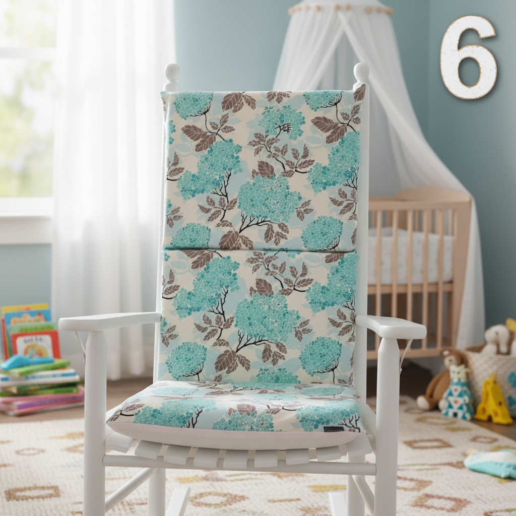 Blue and White Hydrangea Rocking Chair Cushion square lifestyle image with number 6