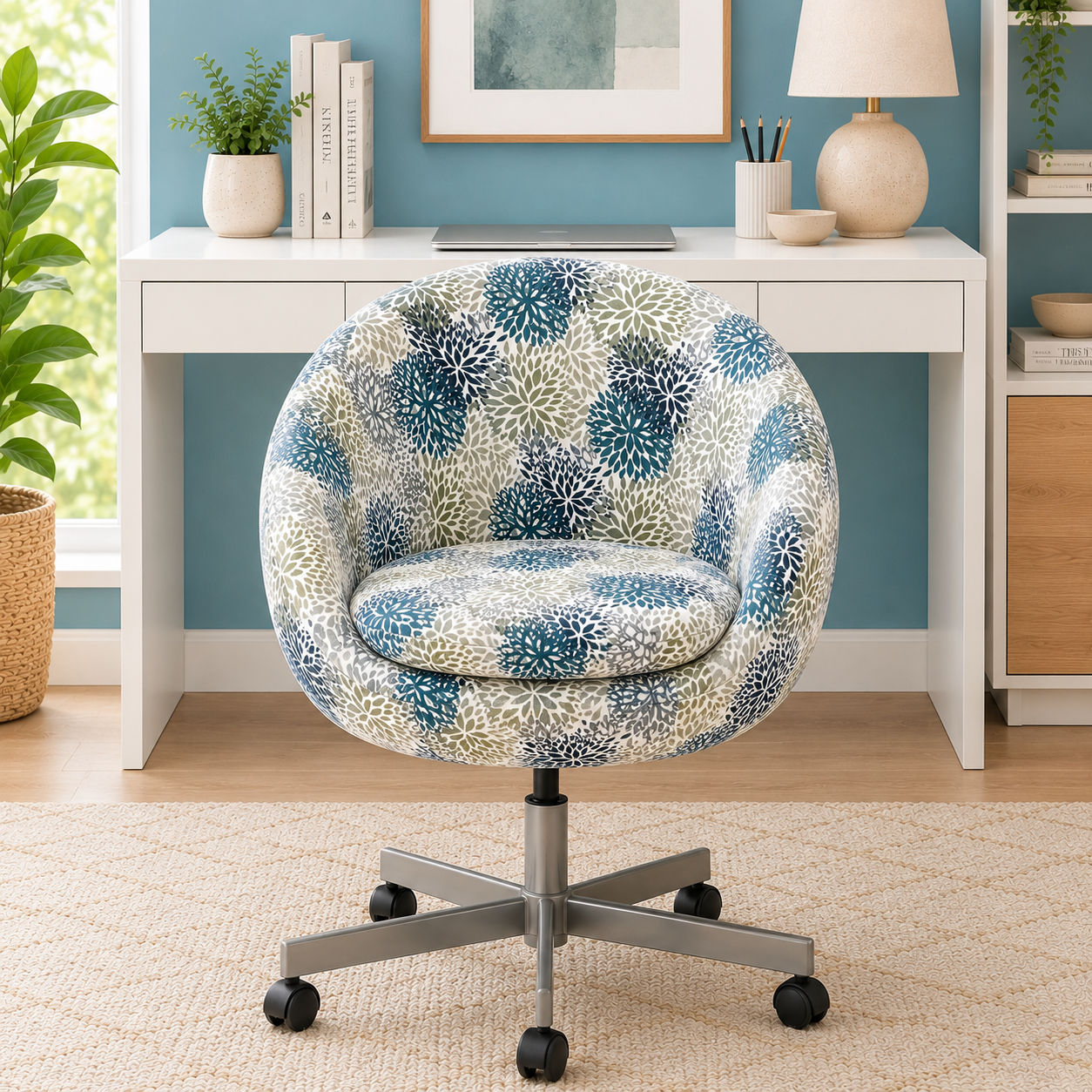 Decorative office chair with floral pattern in front of a desk with office supplies.