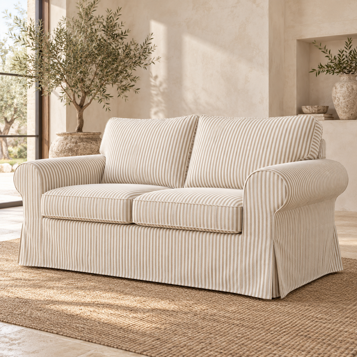 UPPLAND 2-seater sofa slipcover in white fabric with beige pinstripes, front-left view, without footstool