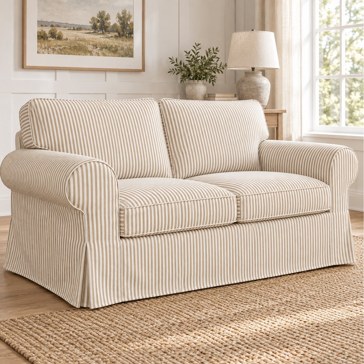 IKEA EKTORP 2-seat sofa bed slipcover in white with beige pinstripes, front-right view