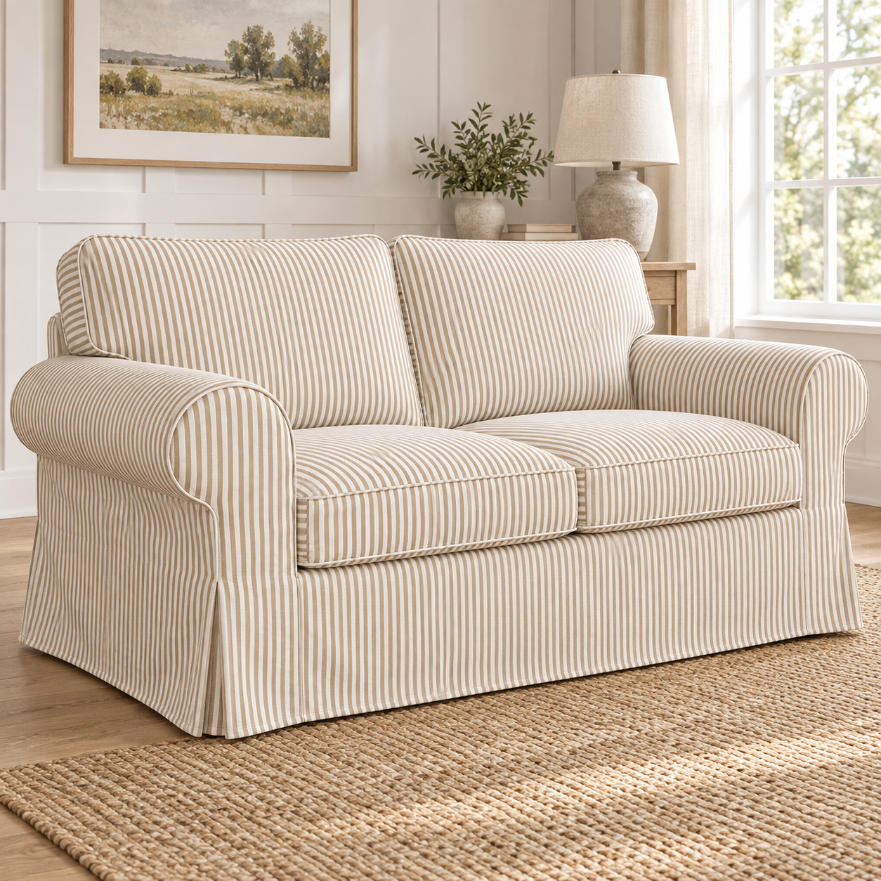 UPPLAND 2-seater sofa slipcover in white fabric with beige pinstripes, front-right view, without footstool