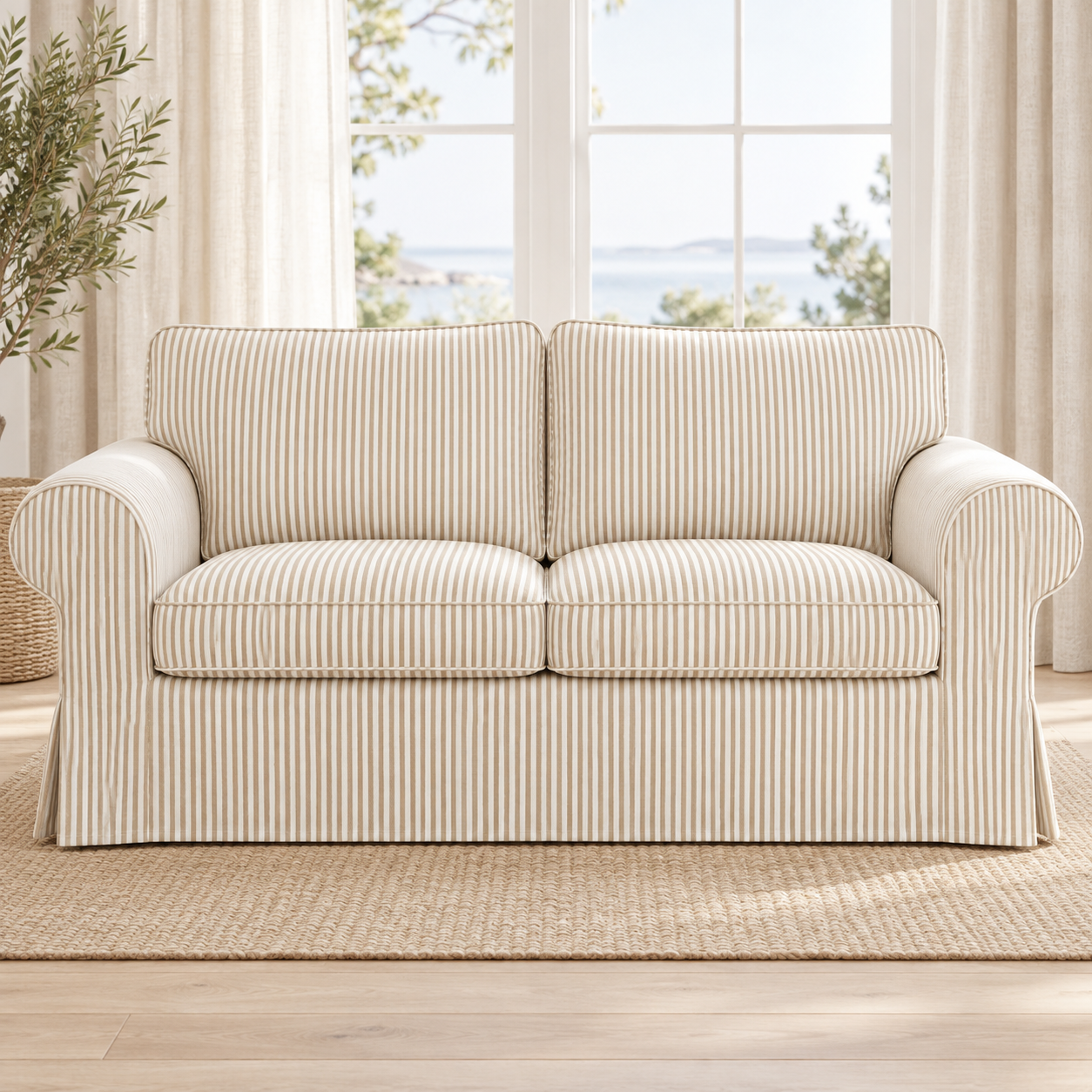UPPLAND 2-seater sofa slipcover in white fabric with beige pinstripes, front view, without footstool