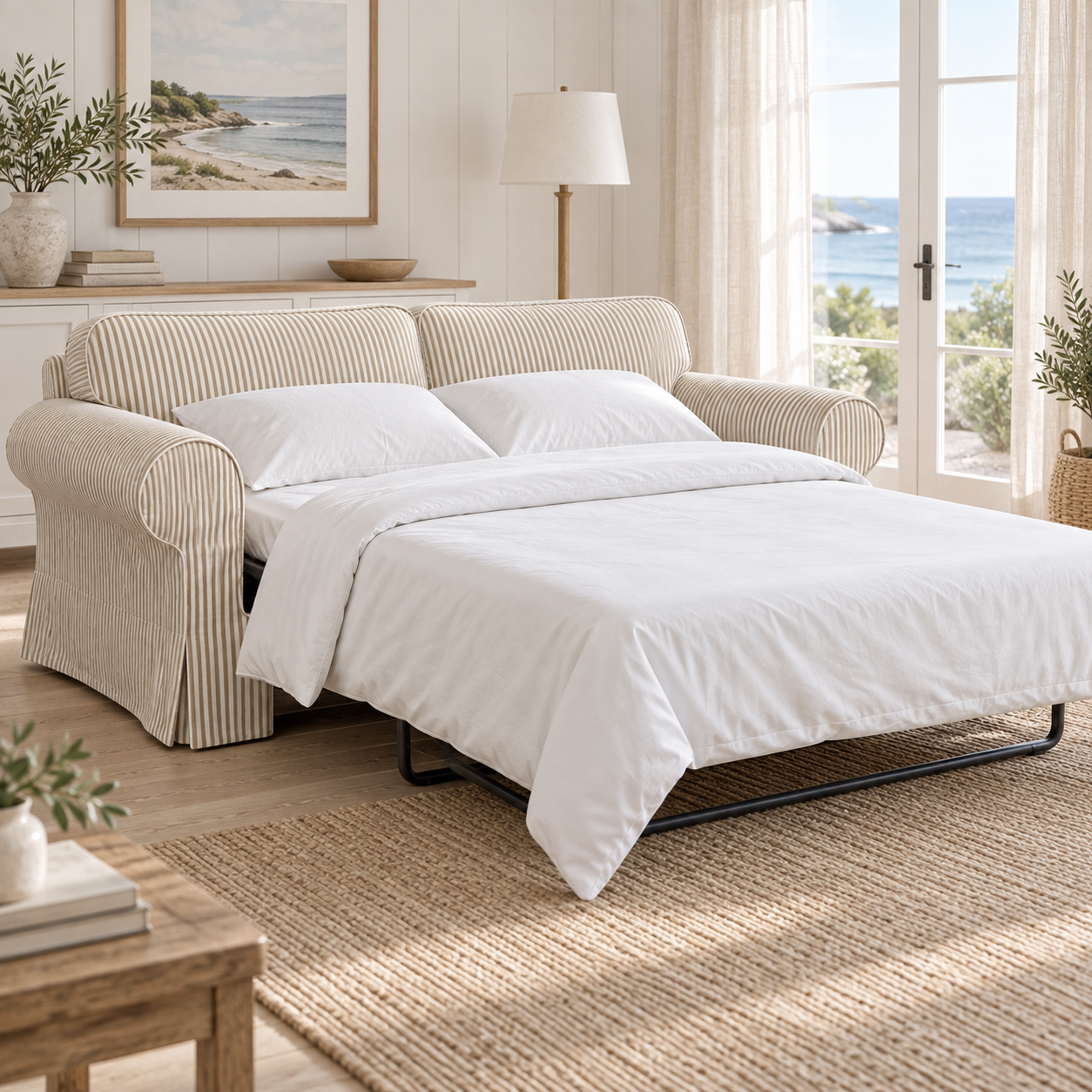 IKEA EKTORP 2-seat sofa bed open with white bedding and beige pinstripe slipcover, coastal interior