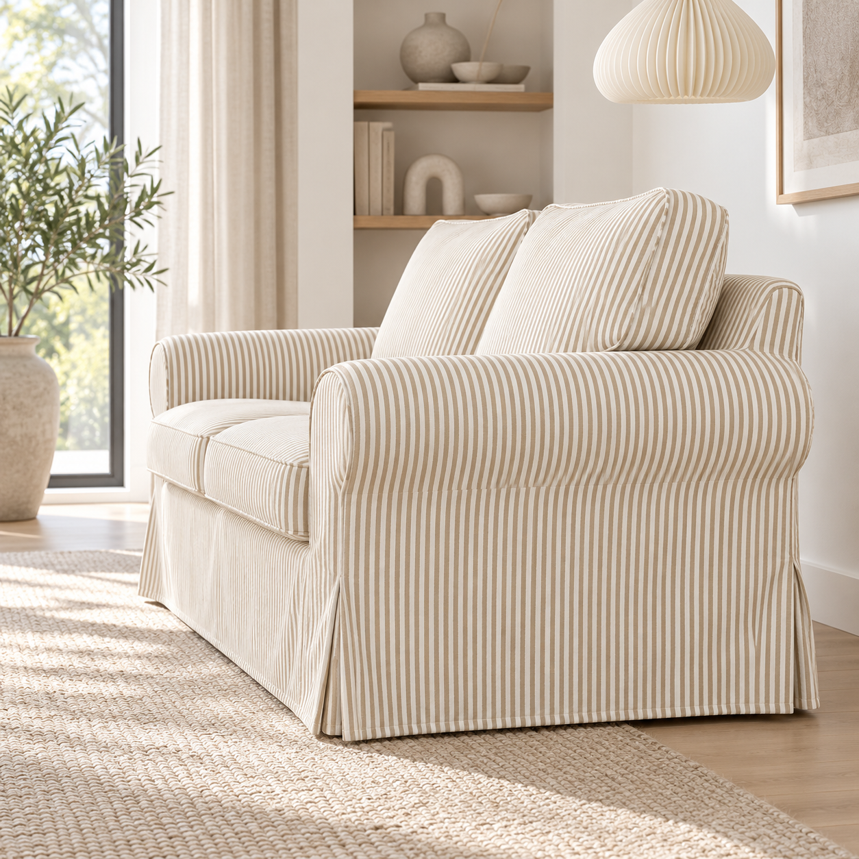 UPPLAND 2-seater sofa slipcover in white fabric with beige pinstripes, side view, without footstool