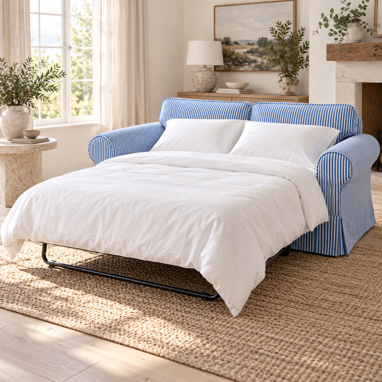 IKEA EKTORP 2-seat sofa bed open with white bedding and blue ticking stripe slipcover in a modern farmhouse interior
