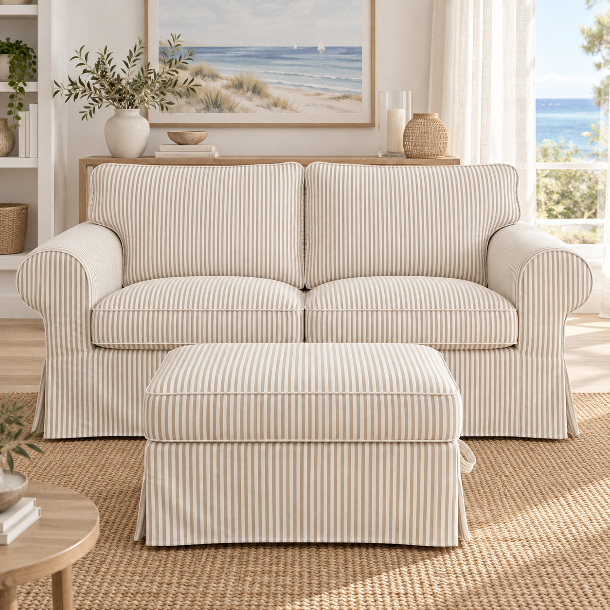 UPPLAND 2-seater sofa slipcover in white fabric with beige pinstripes, sofa with matching footstool