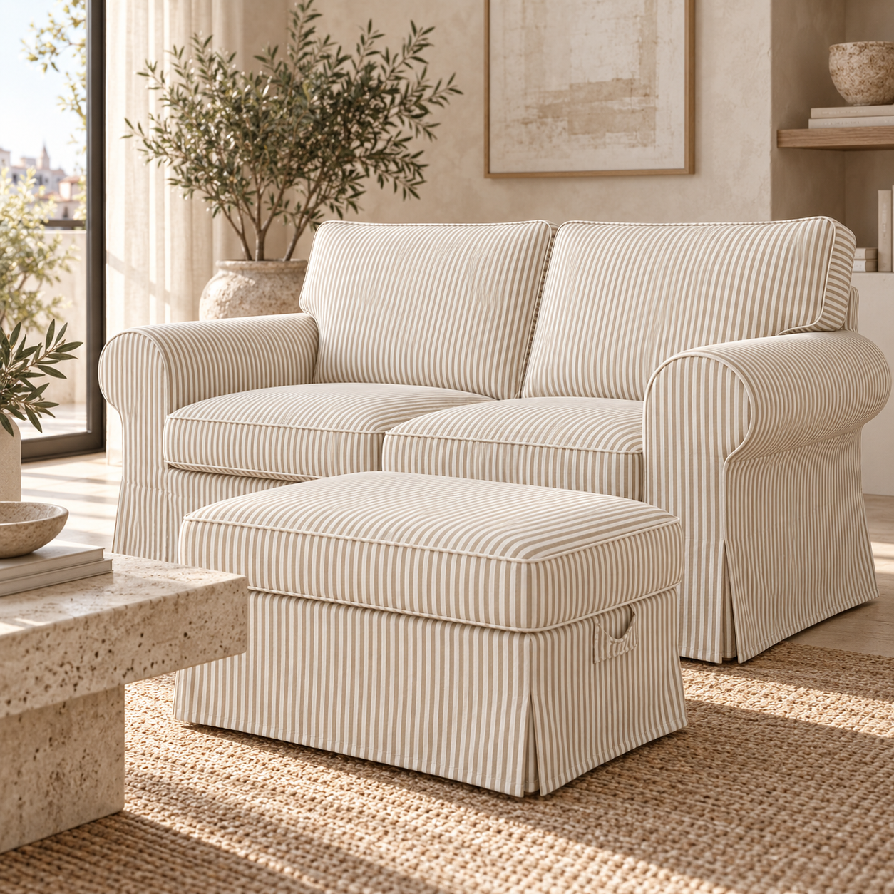 UPPLAND 2-seater sofa slipcover in white fabric with beige pinstripes, rear view