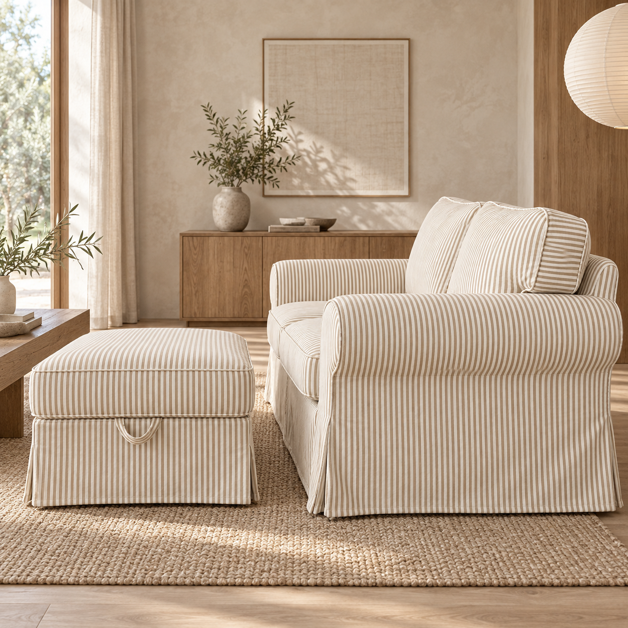 UPPLAND 2-seater sofa slipcover in white fabric with beige pinstripes, left side view