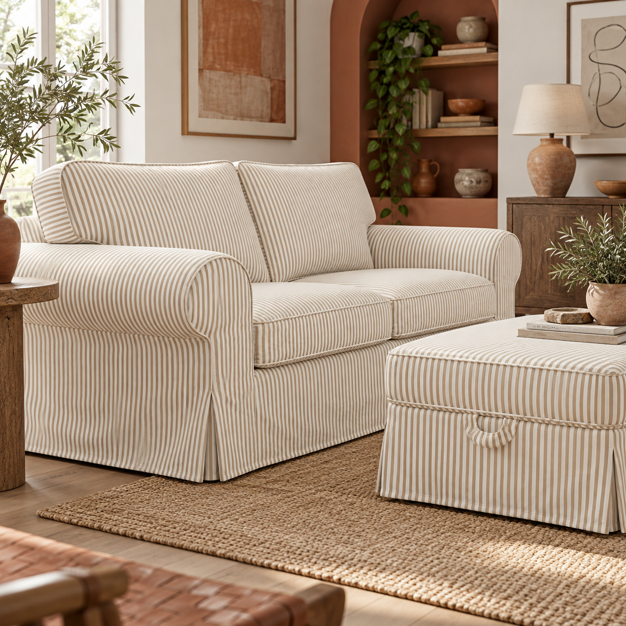 UPPLAND 2-seater sofa slipcover in white fabric with beige pinstripes, right side view