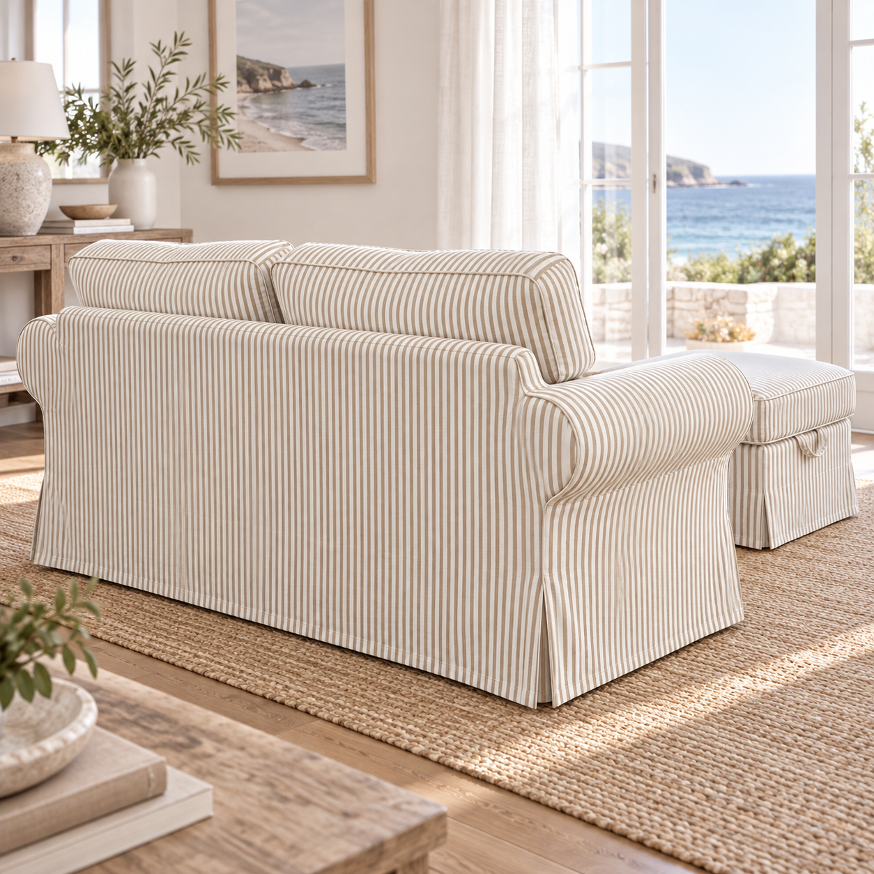 UPPLAND 2-seater sofa slipcover in white fabric with beige pinstripes, left three-quarter view