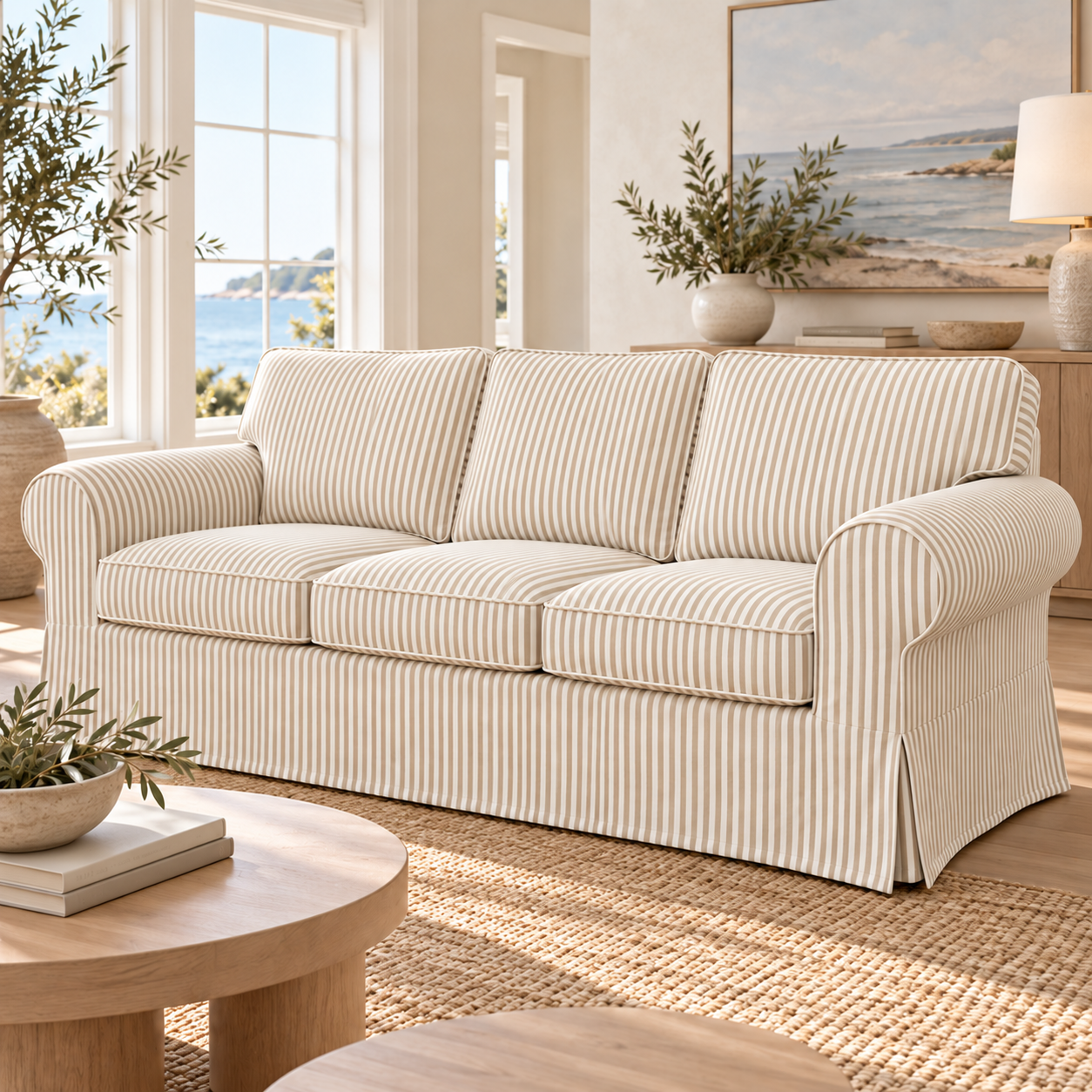 IKEA Ektorp 3-seater slipcover in white fabric with beige pinstripes, coastal living room front-left view
