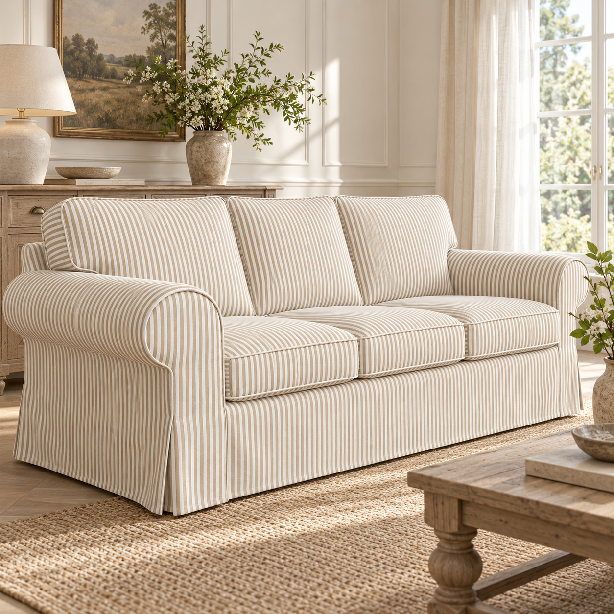 IKEA Uppland 3-seater slipcover in white fabric with beige pinstripes, English farmhouse side view