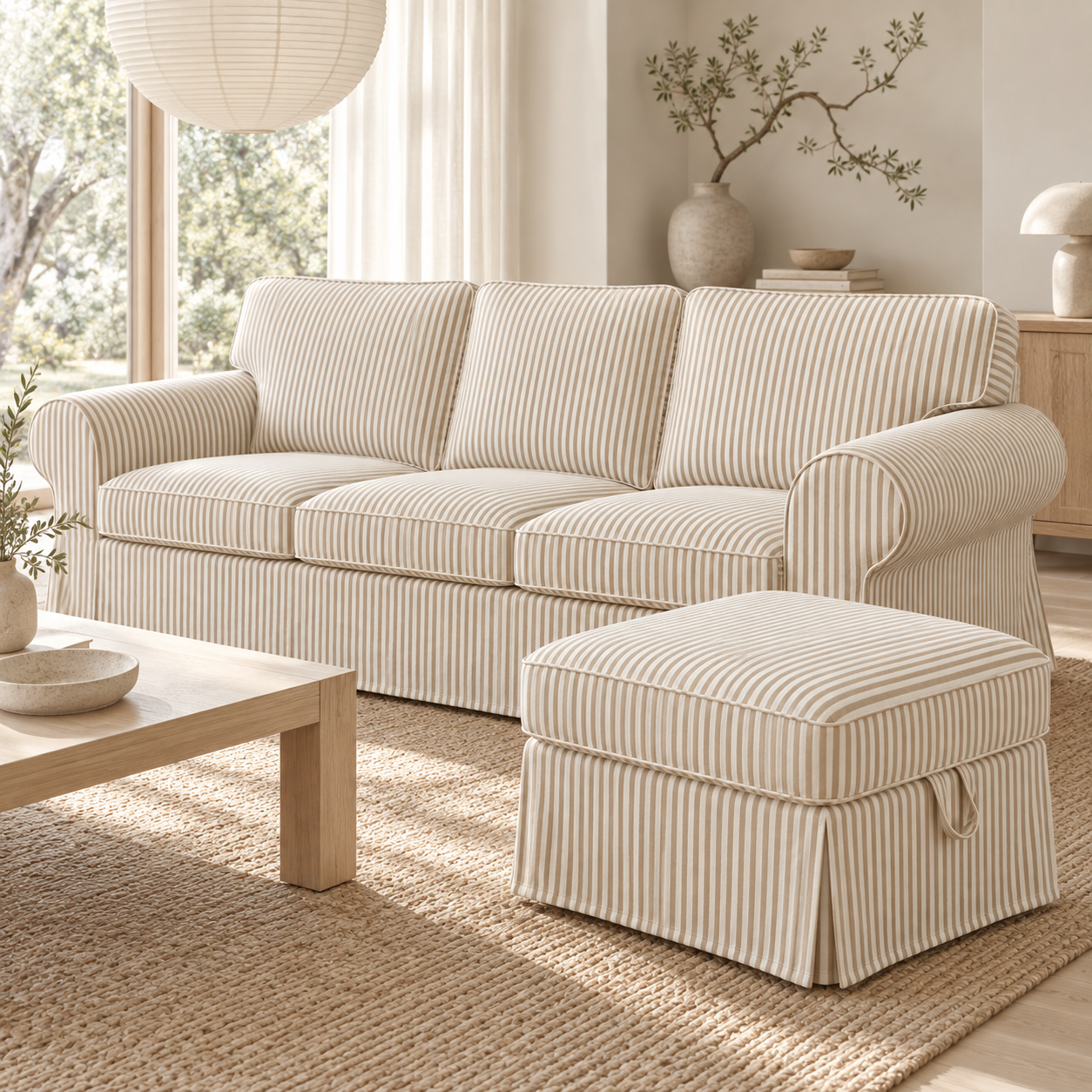 IKEA Ektorp 3-seater slipcover in white fabric with beige pinstripes, with matching footstool in a Japandi interior