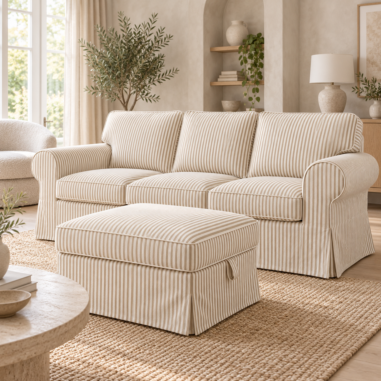 IKEA Uppland 3-seater slipcover in white fabric with beige pinstripes, with matching footstool in a modern organic interior