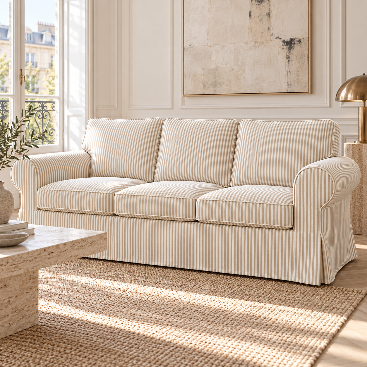 IKEA Ektorp 3.5-seater slipcover in white fabric with beige pinstripes, Parisian front view