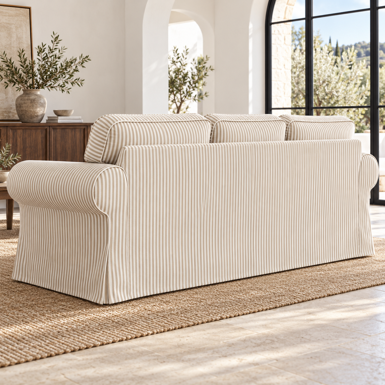 IKEA Uppland 3-seater slipcover in white fabric with beige pinstripes, Mediterranean rear-left view