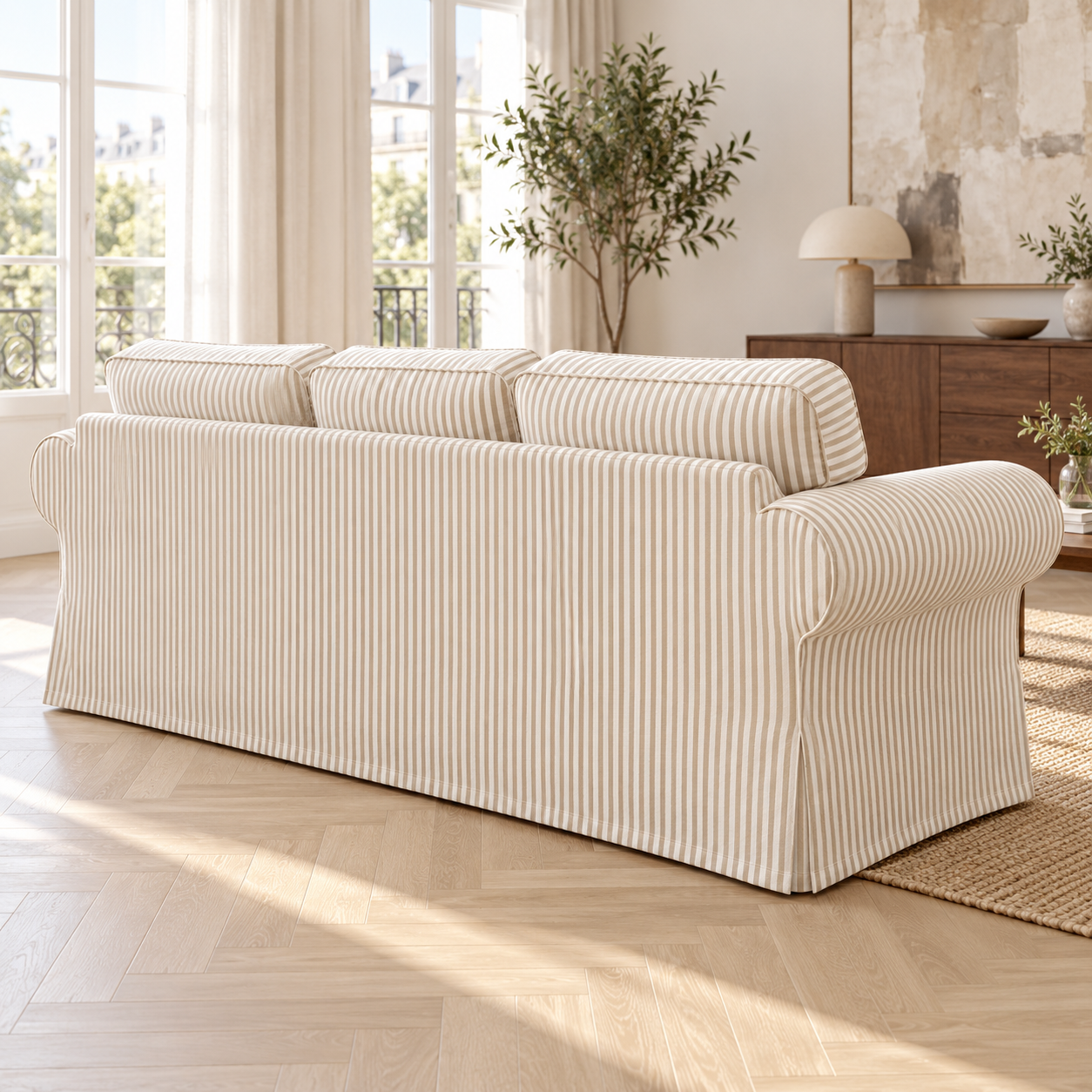 IKEA Ektorp 3.5-seater slipcover in white fabric with beige pinstripes, Scandinavian rear-right view