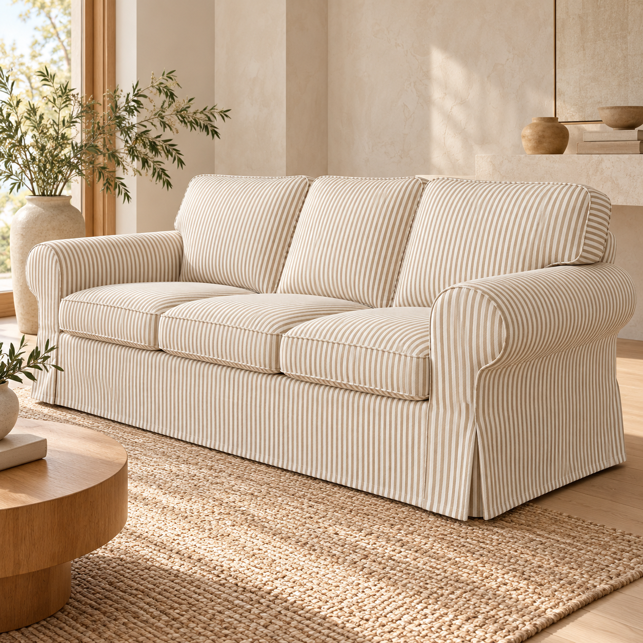 IKEA Uppland 3-seater slipcover in white fabric with beige pinstripes, warm minimalist right-side view