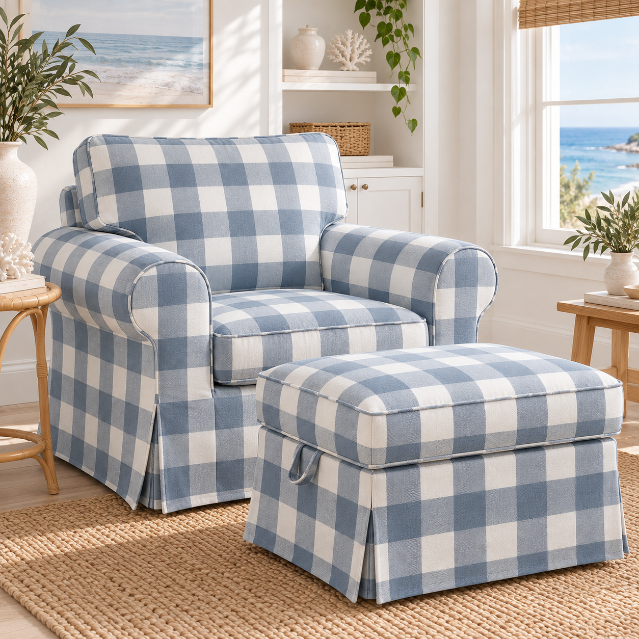Uppland armchair blue gingham slipcover front angle with footstool
