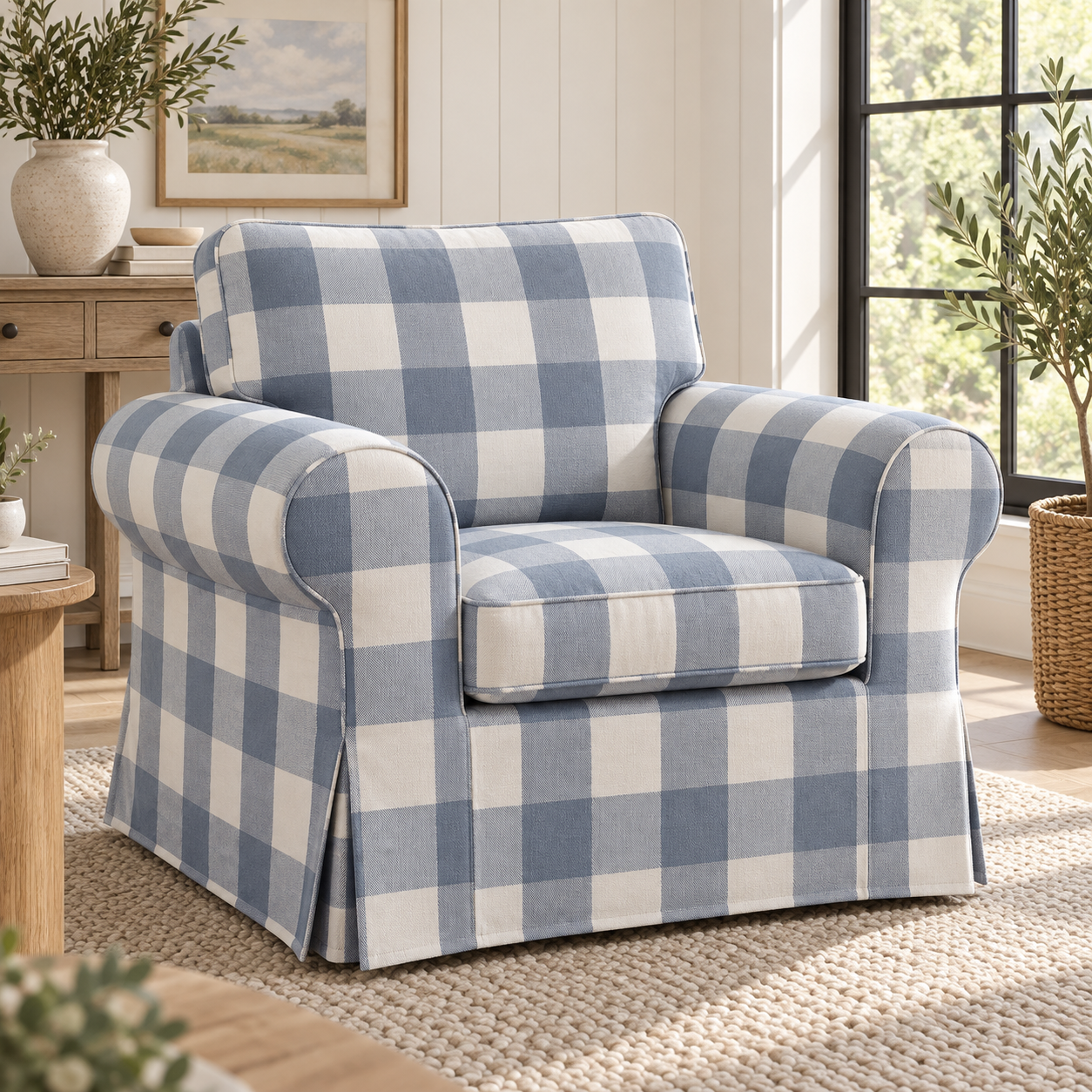 Uppland armchair blue gingham slipcover front right angle