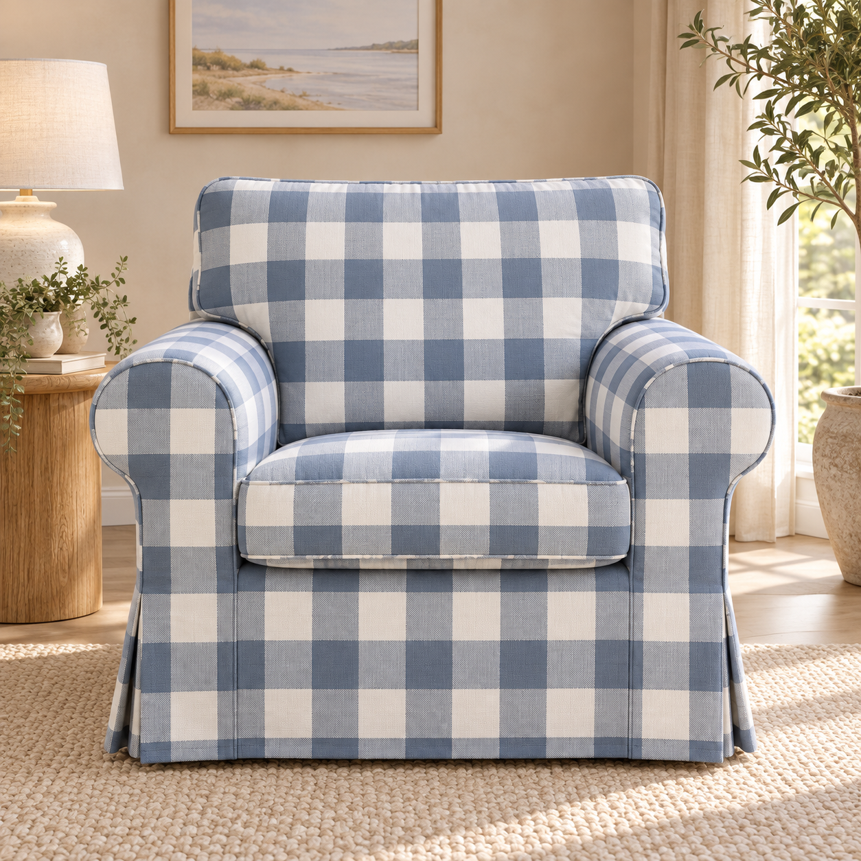 Uppland armchair blue gingham slipcover front view