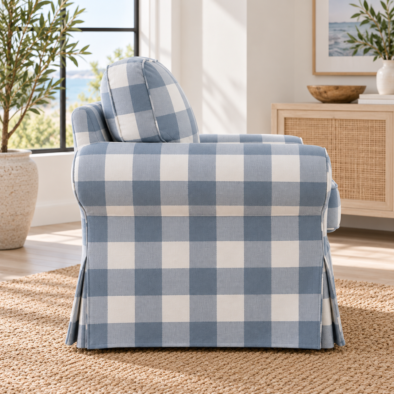 Uppland armchair blue gingham slipcover left side view