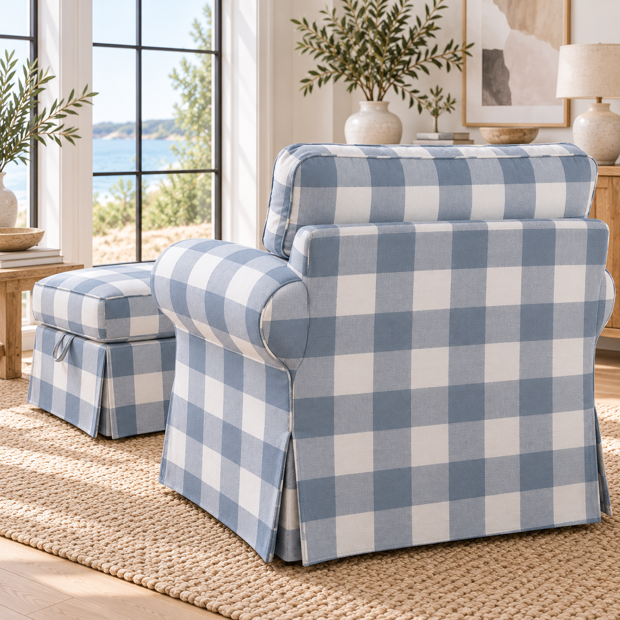 Uppland armchair blue gingham slipcover rear angle with footstool