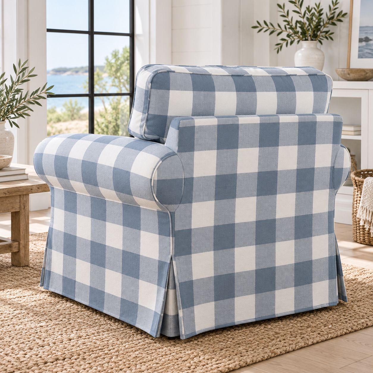 Uppland armchair blue gingham slipcover rear right angle