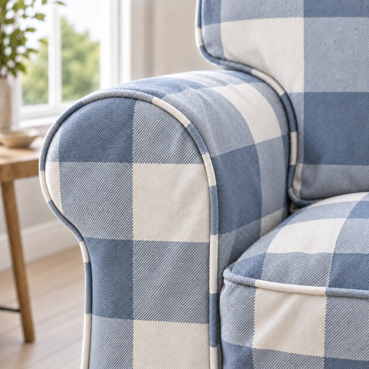 Uppland armchair blue gingham slipcover relaxed piping and armrest close-up