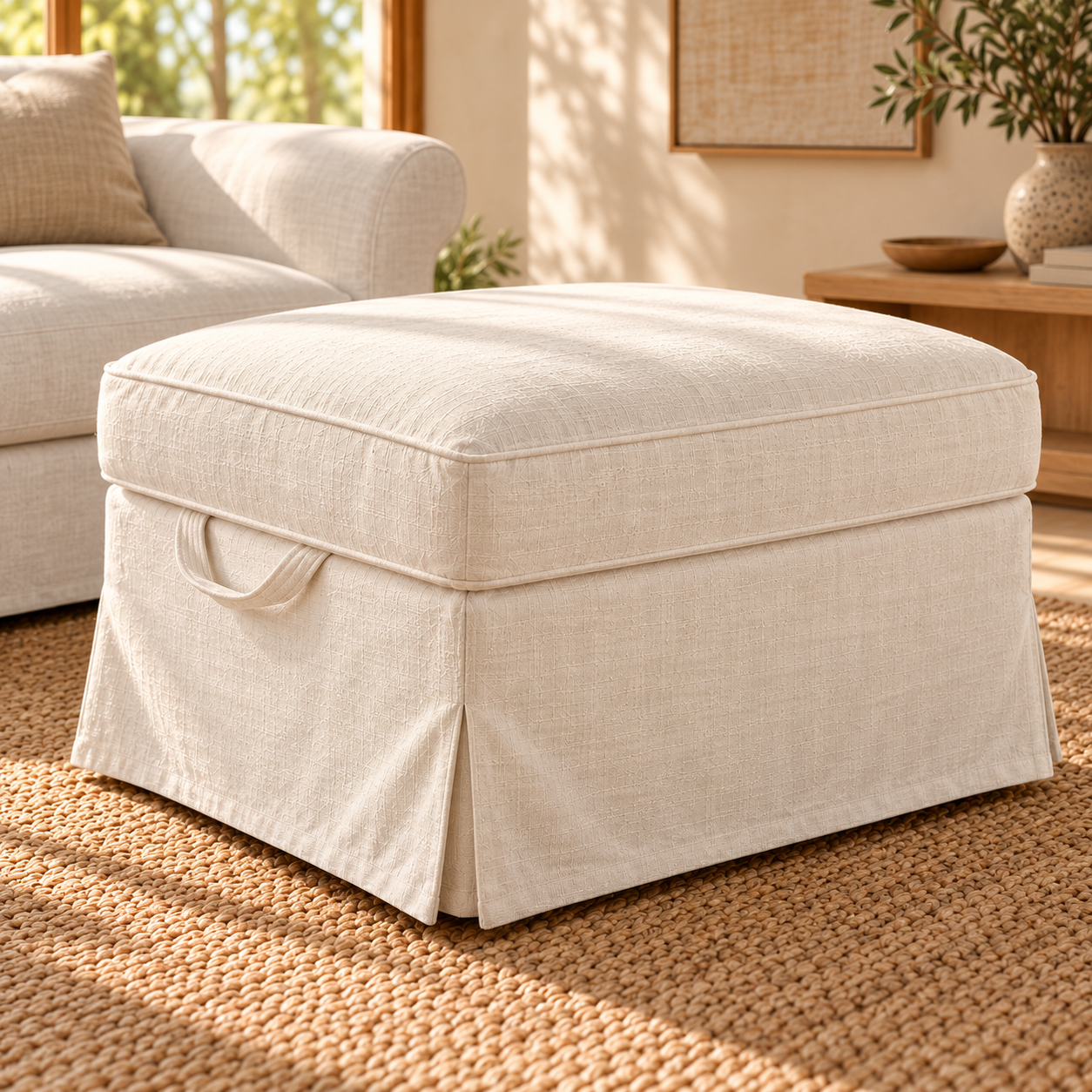 Natural Linen cover compatible with IKEA EKTORP BROMMA footstool, short-side handle, first angle