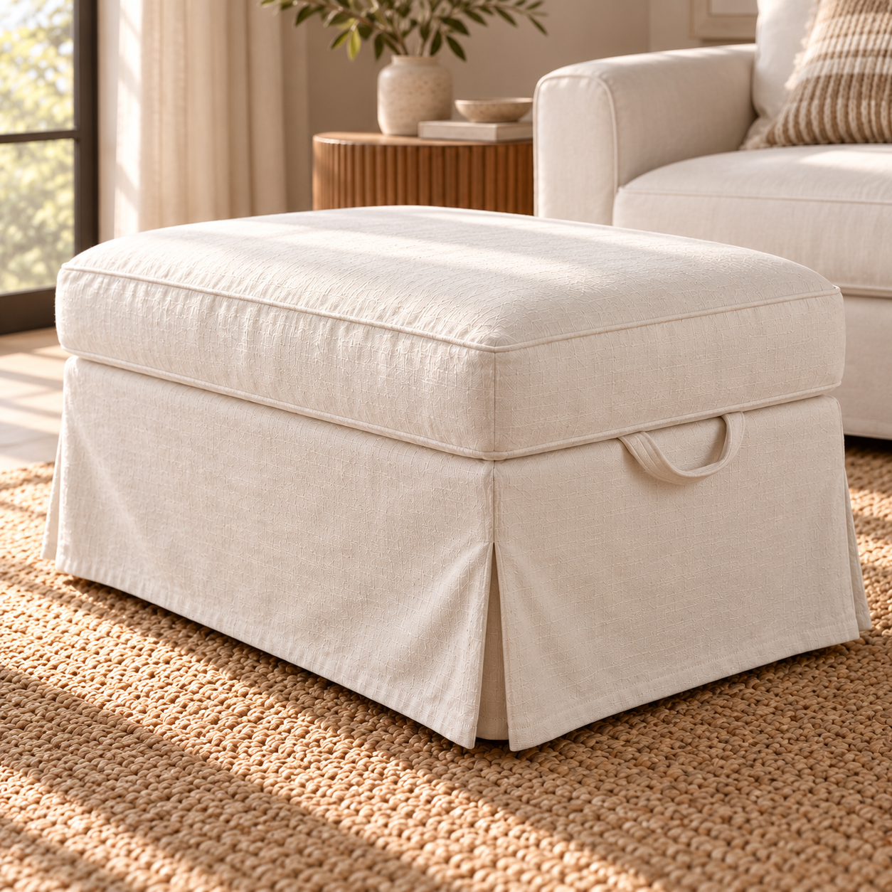 Natural Linen cover compatible with IKEA EKTORP BROMMA footstool, short-side handle, opposite angle