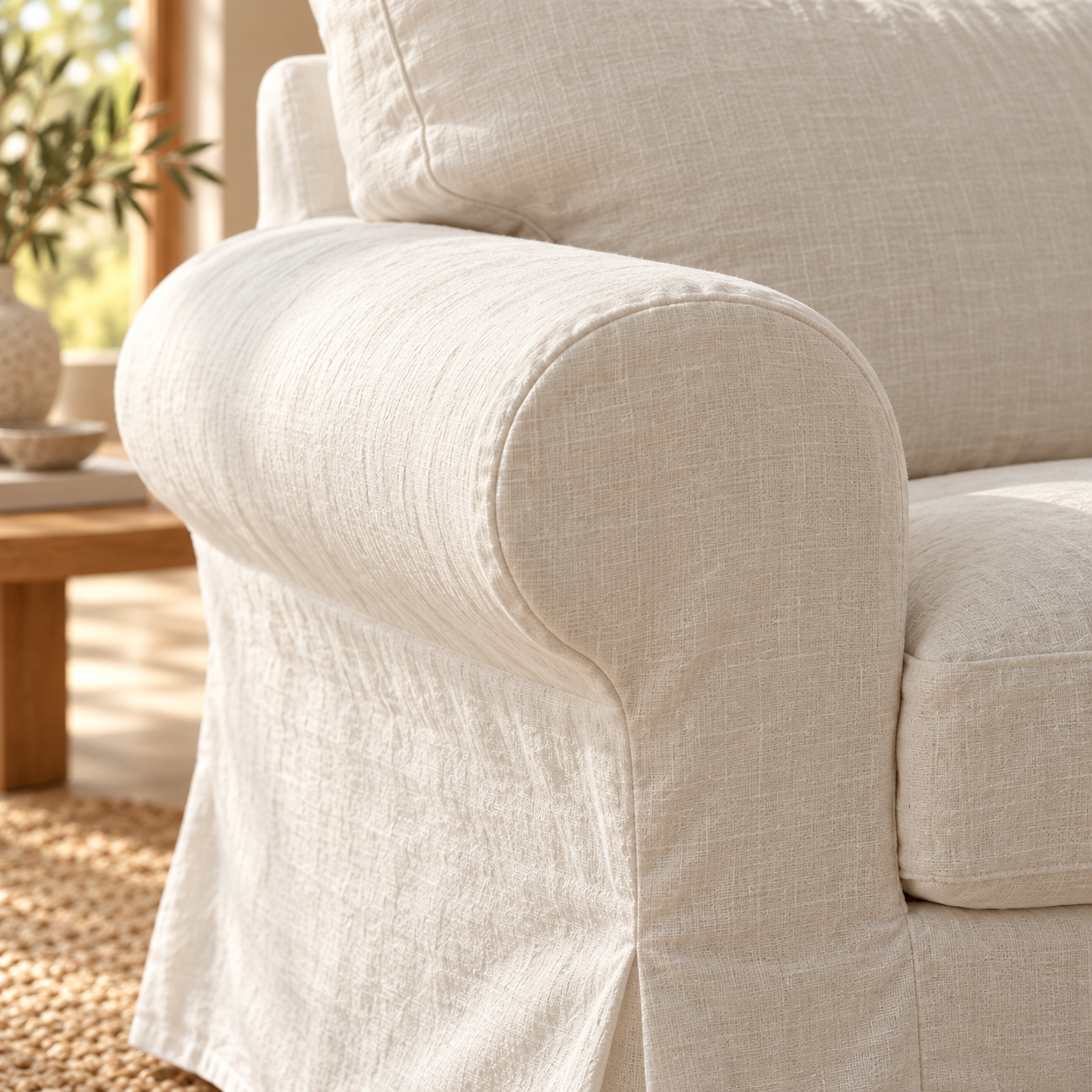 EKTORP Natural Linen slipcover close-up of rolled armrest