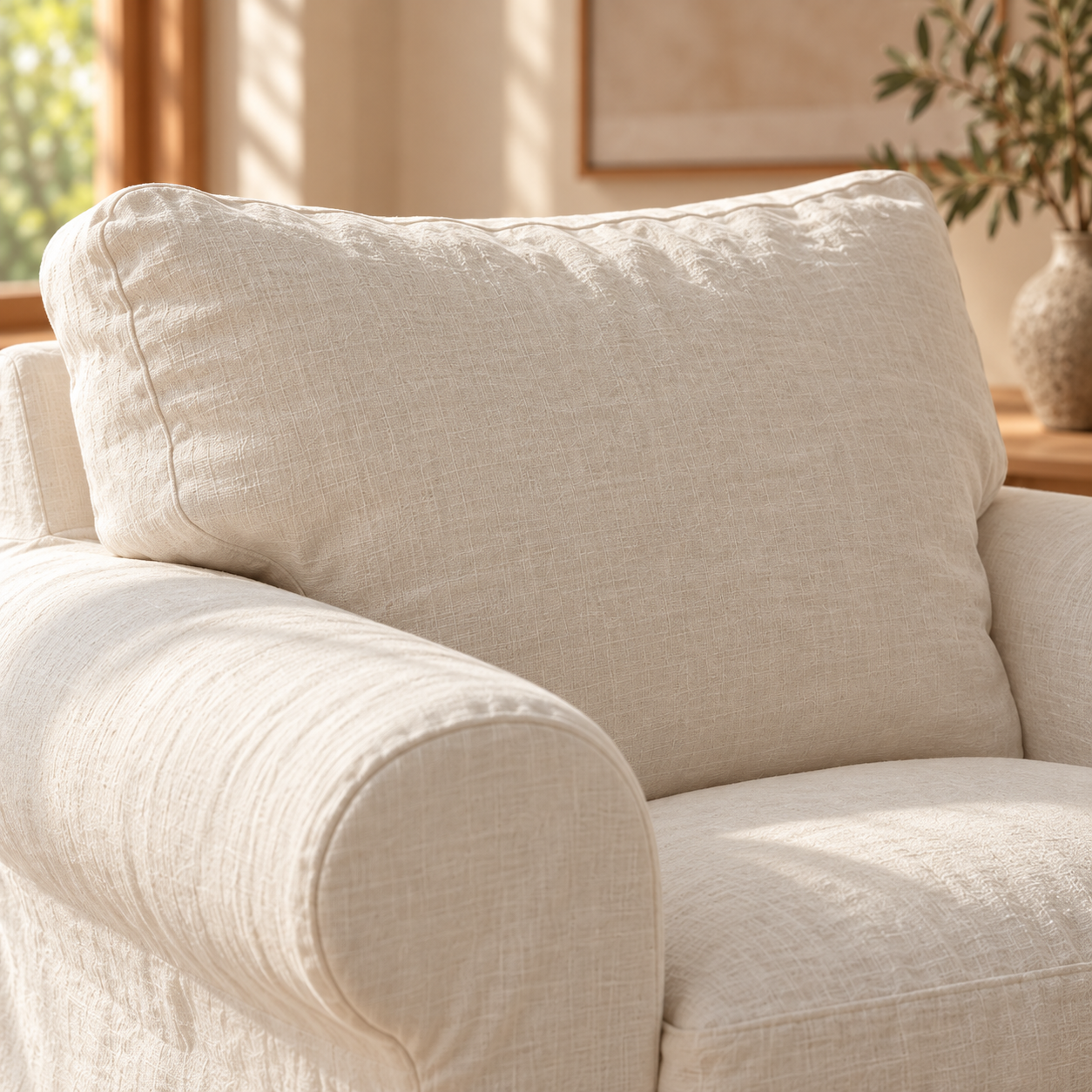 Natural Linen slipcover back cushion texture close-up; illustrative fabric and construction detail