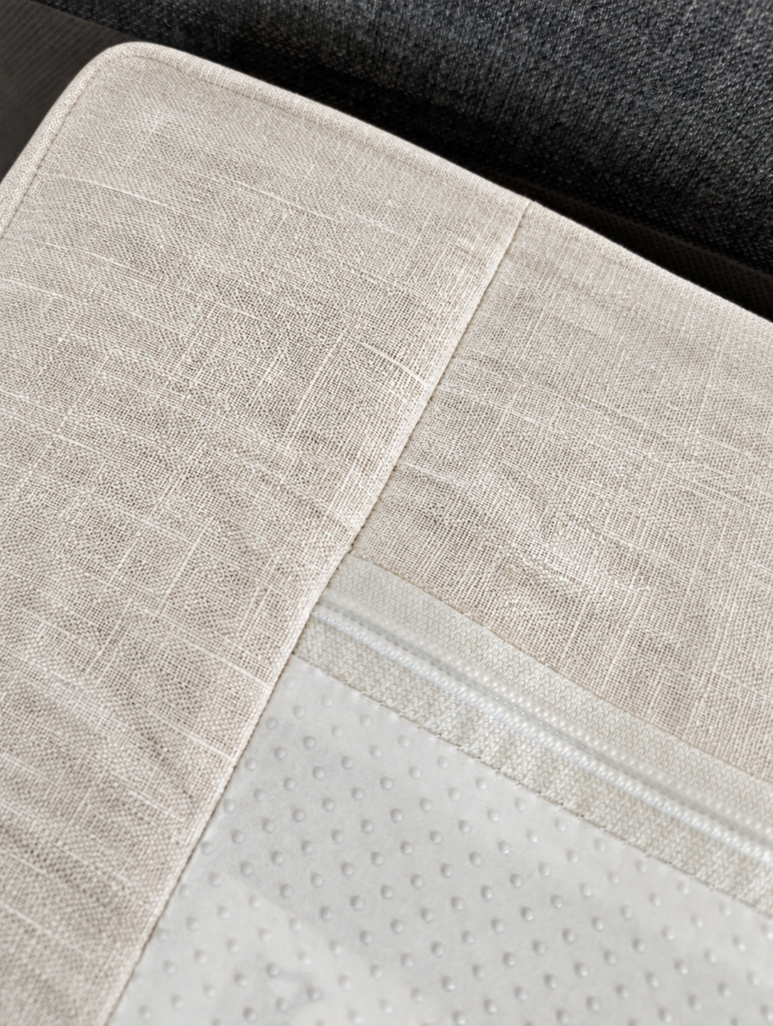 Natural Linen cover underside with inside seam and dotted non-slip panel