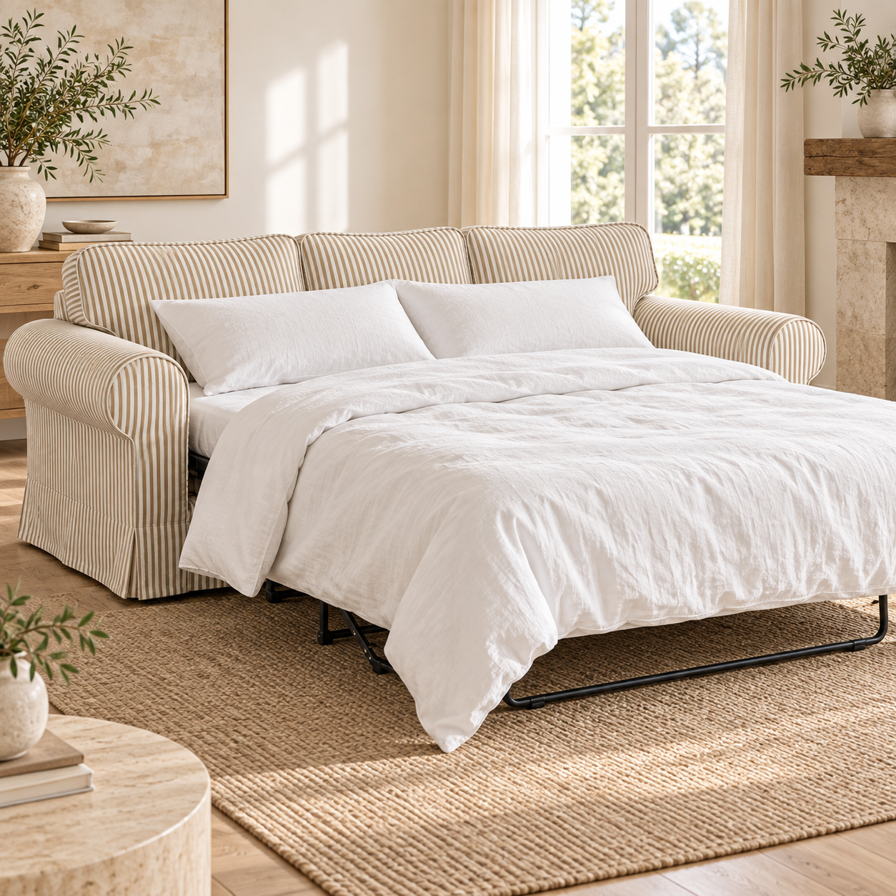 IKEA Ektorp Pixbo 3-seat sofa bed open with beige stripe slipcover and white linen bedding