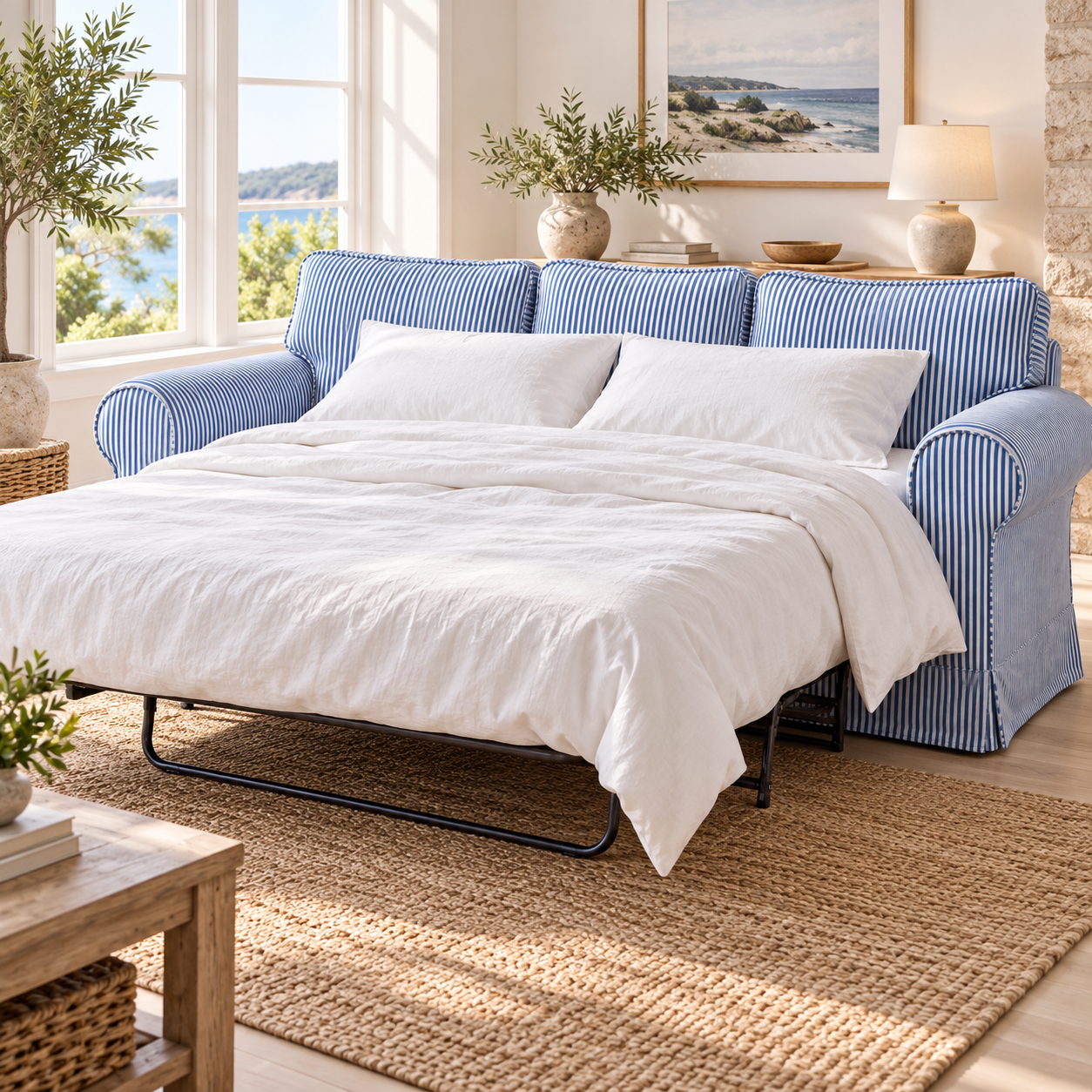 IKEA Ektorp Pixbo 3-seat sofa bed open with blue ticking stripe slipcover and white linen bedding