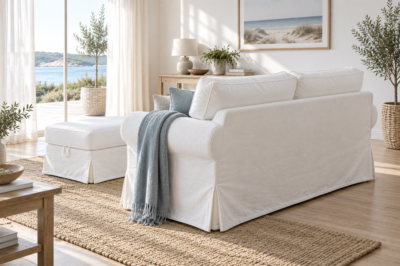 IKEA Ektorp Pixbo 3-seat sofa bed slipcover in white cotton canvas, coastal rear footstool lifestyle view