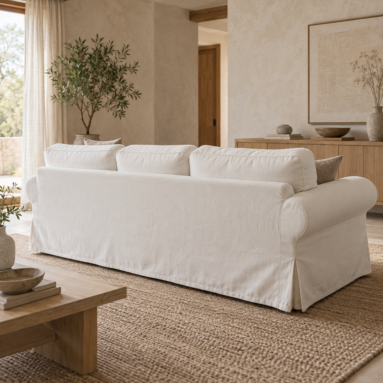 IKEA Ektorp Pixbo 3-seat sofa bed slipcover in white cotton canvas, japandi rear lifestyle view